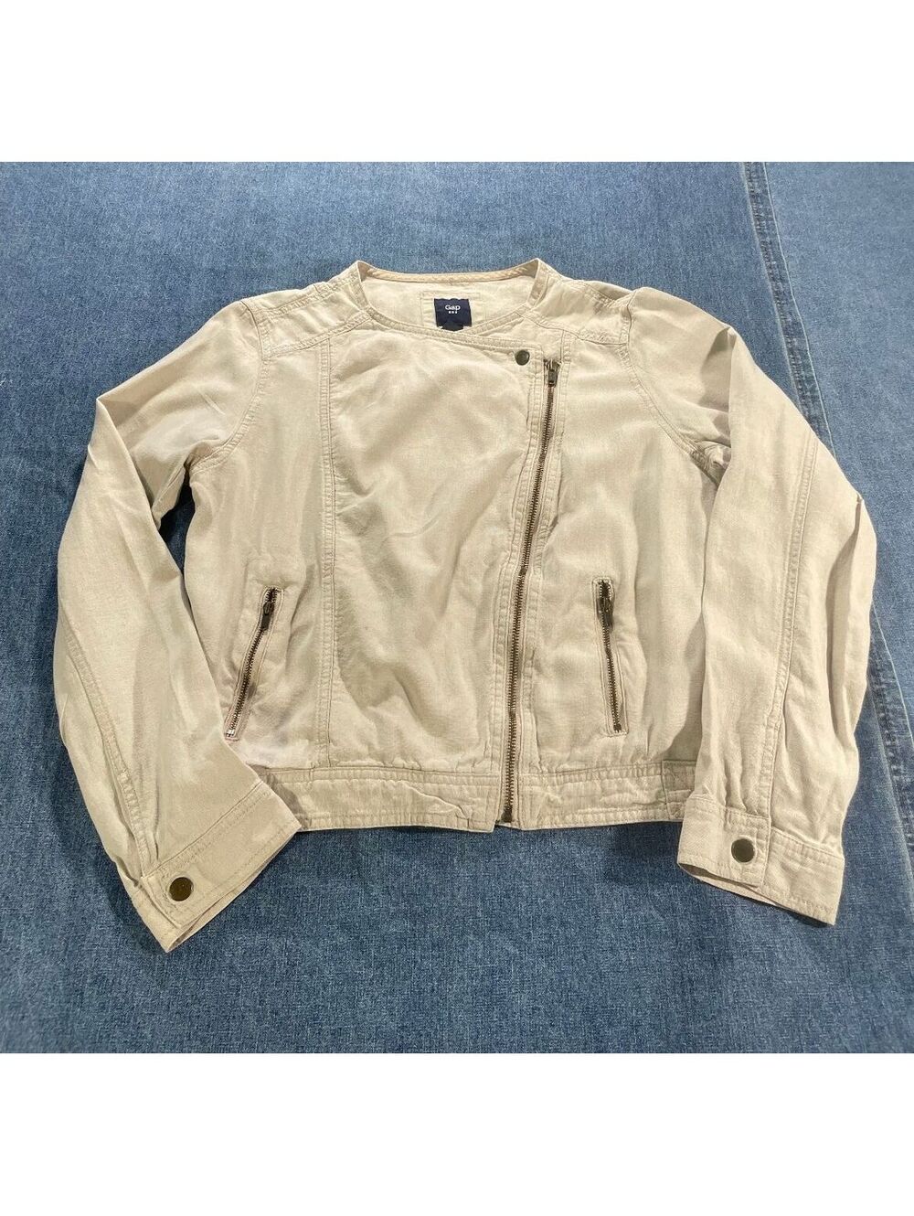 Gap linen blend Motorcycle Jacket Women's Large Moto Khaki